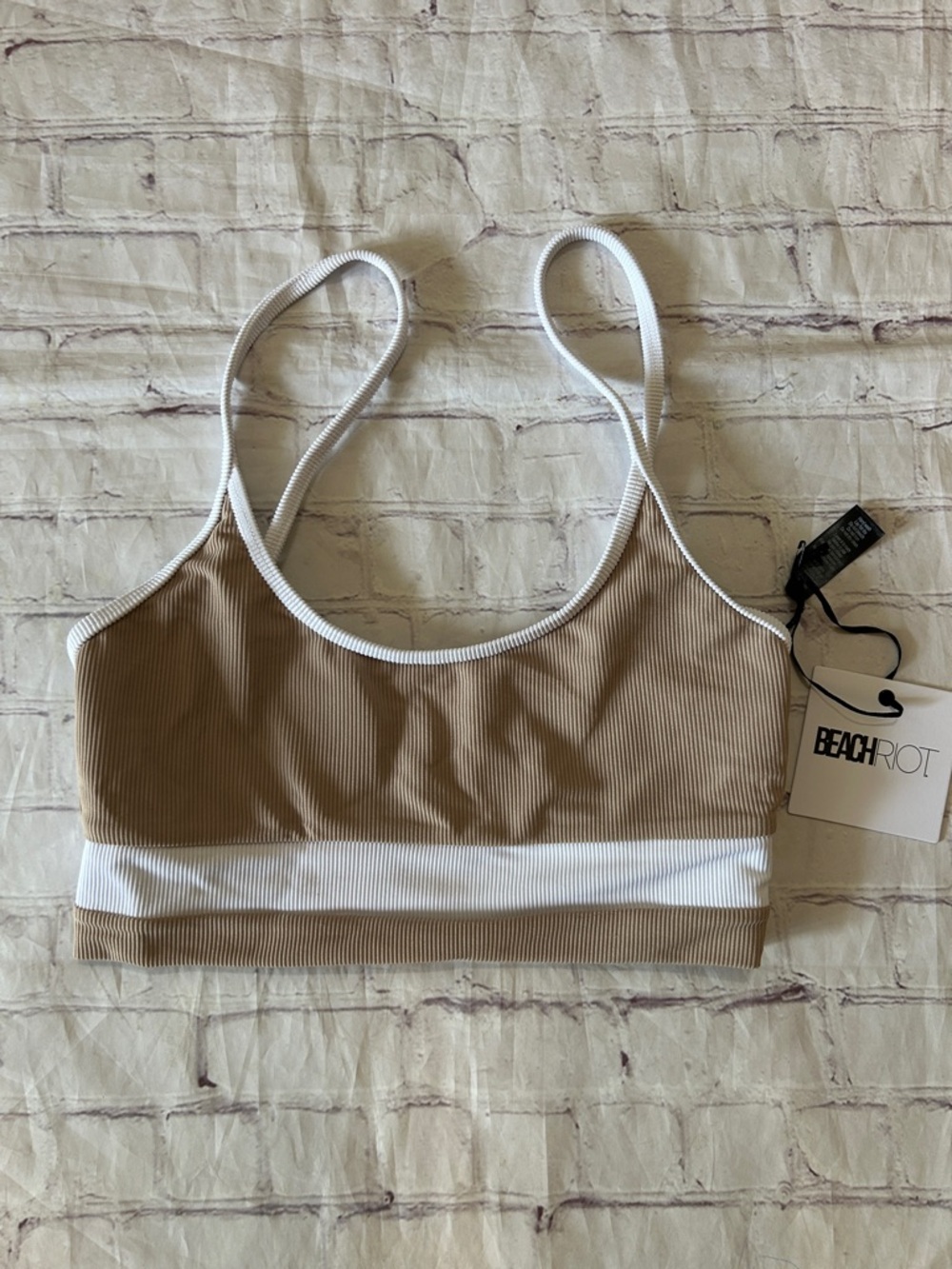Beach Riot NWT Eva Ribbed Sports Bra / Bikini Top Tan White Colorblock Large - Picture 4 of 8